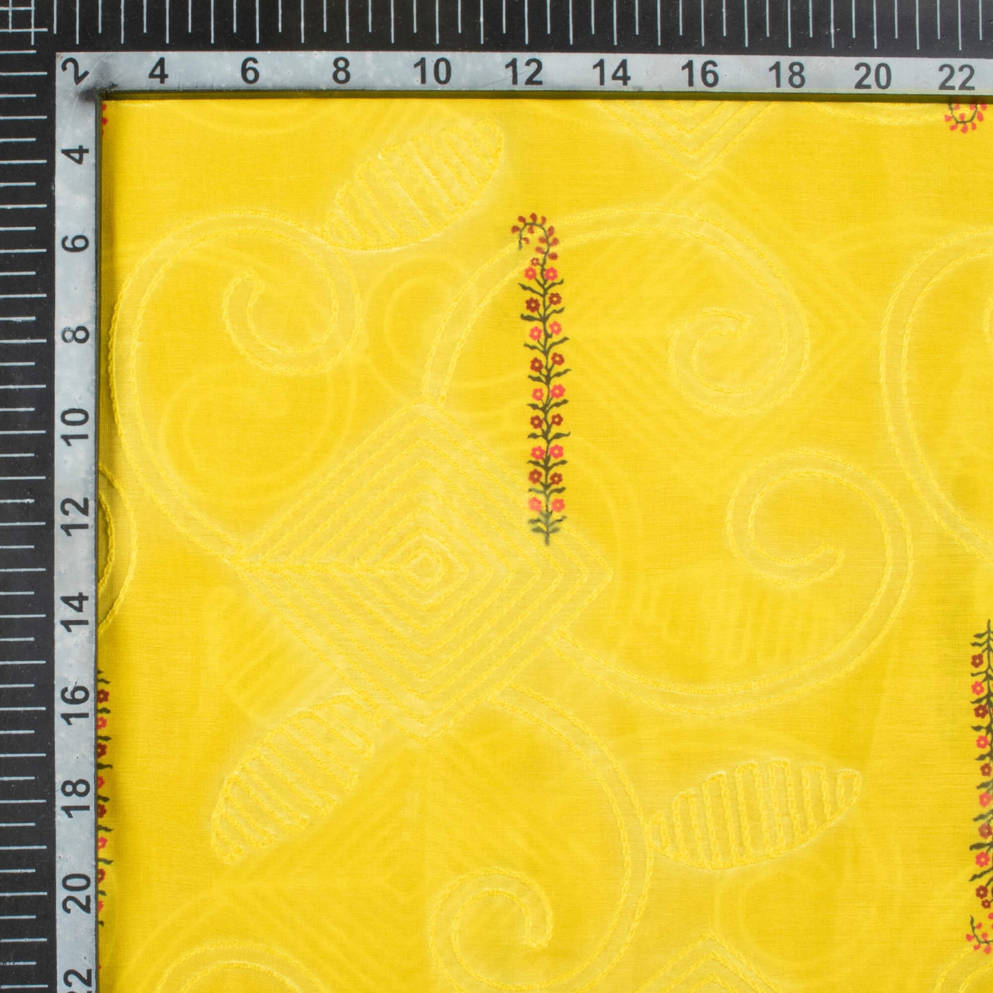 (Cut Piece 0.8 Mtr) Bright Yellow And Maroon Floral Pattern Digital Print Premium Embroidery Poly Muslin Fabric