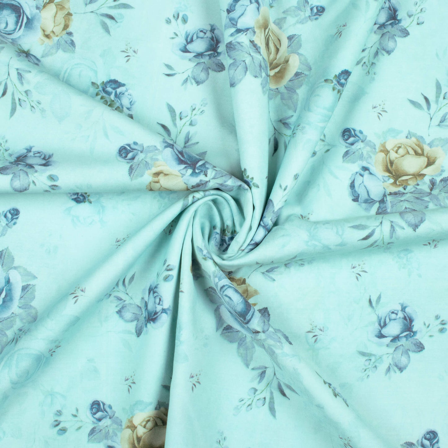 (Cut Piece 1.1 Mtr) Mint Green And Aegean Blue Floral Pattern Digital Print Crepe Fabric