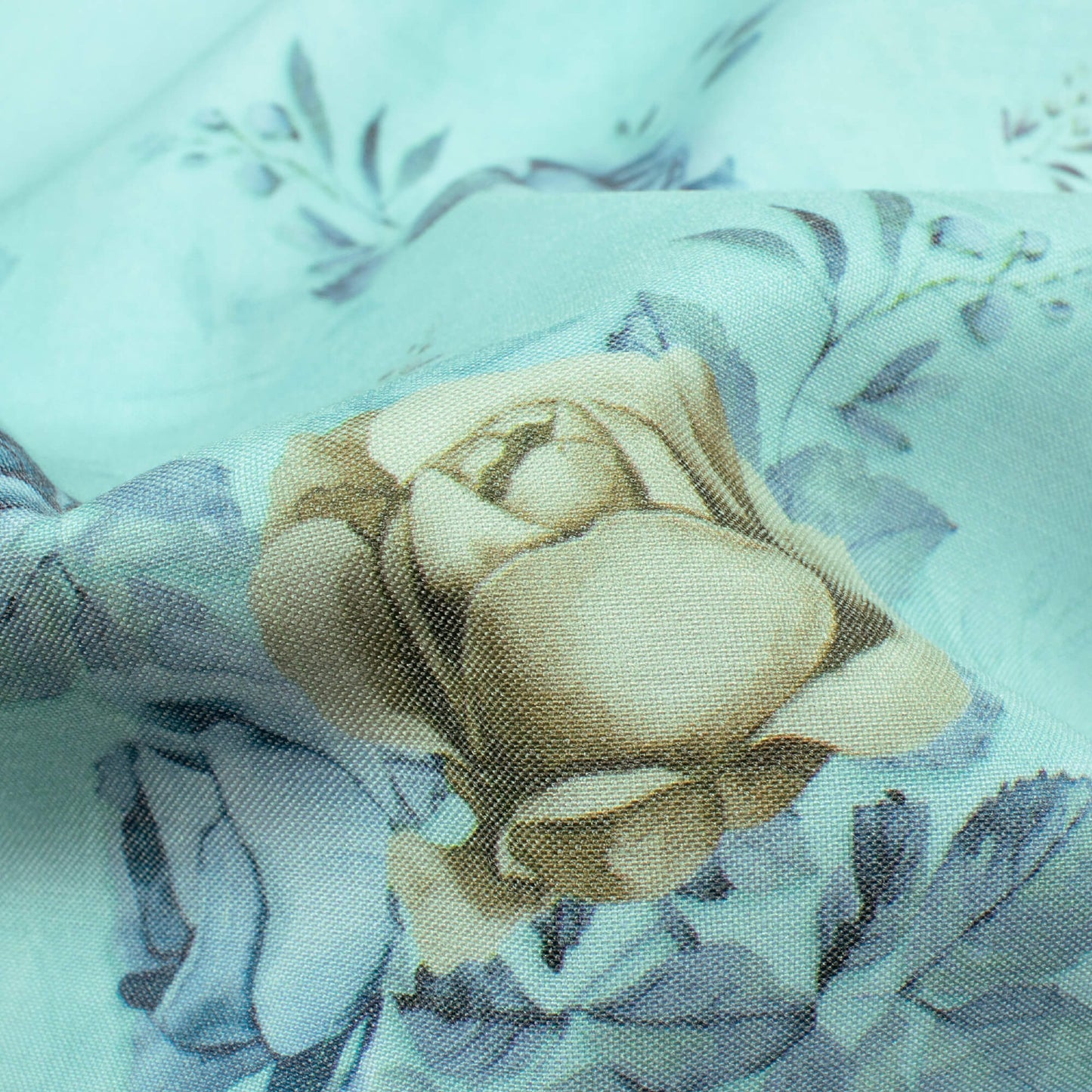 (Cut Piece 1.1 Mtr) Mint Green And Aegean Blue Floral Pattern Digital Print Crepe Fabric