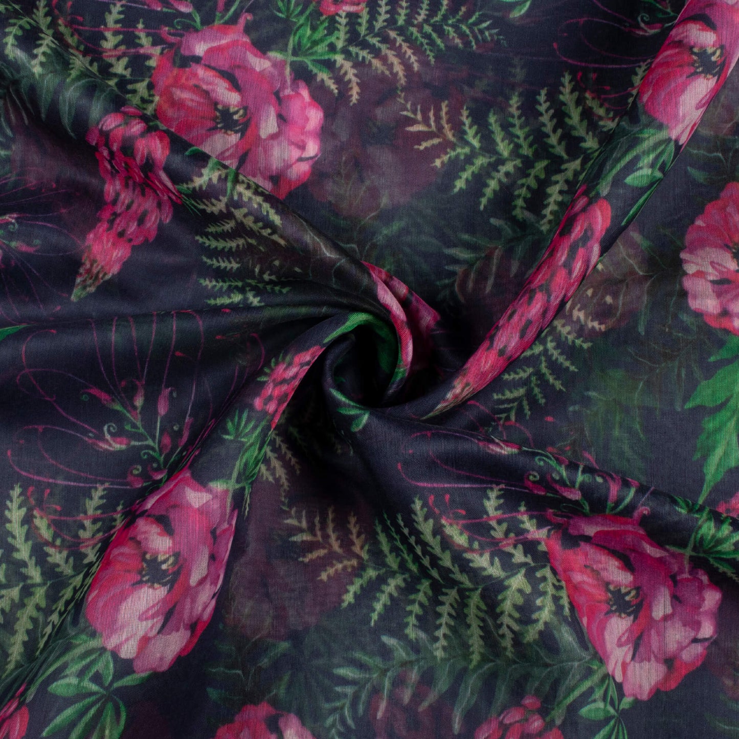 (Cut Piece 1.7 Mtr) Navy Blue And Magenta Pink Floral Pattern Digital Print Chanderi Fabric