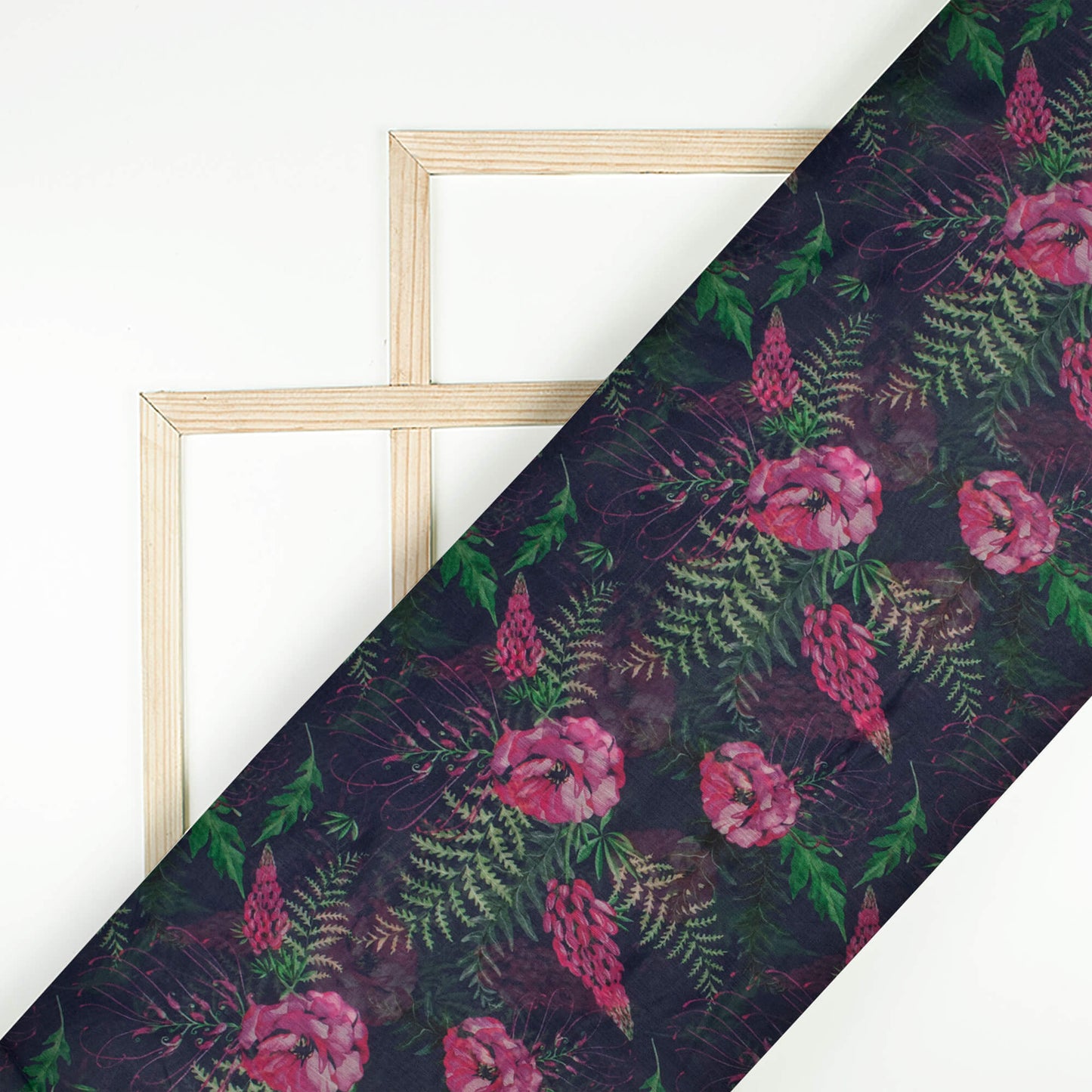 (Cut Piece 1.7 Mtr) Navy Blue And Magenta Pink Floral Pattern Digital Print Chanderi Fabric
