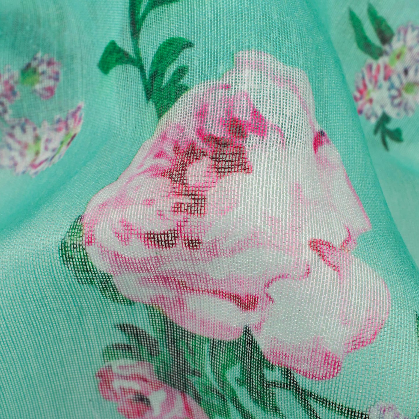 (Cut Piece 1.25 Mtr) Mint Green And Taffy Pink Floral Pattern Digital Print Chanderi Fabric
