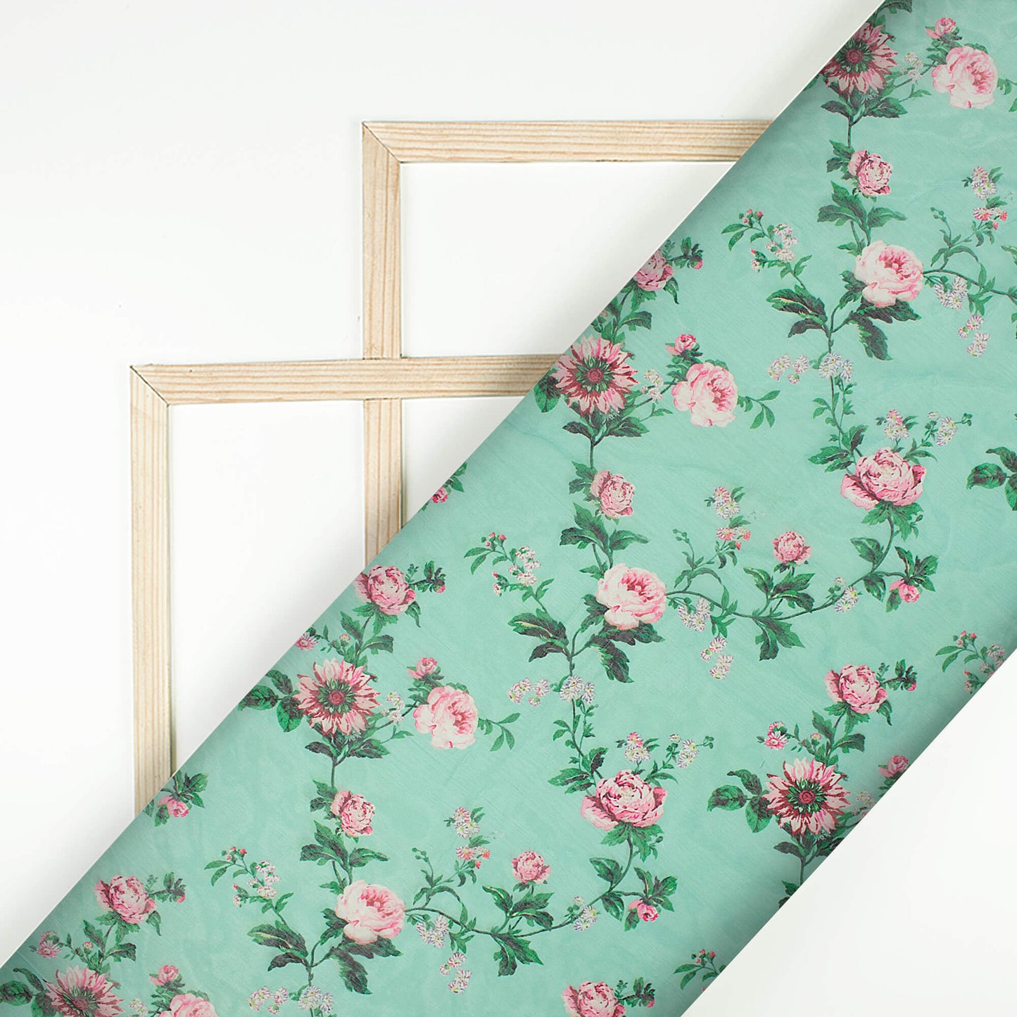 (Cut Piece 1.25 Mtr) Mint Green And Taffy Pink Floral Pattern Digital Print Chanderi Fabric