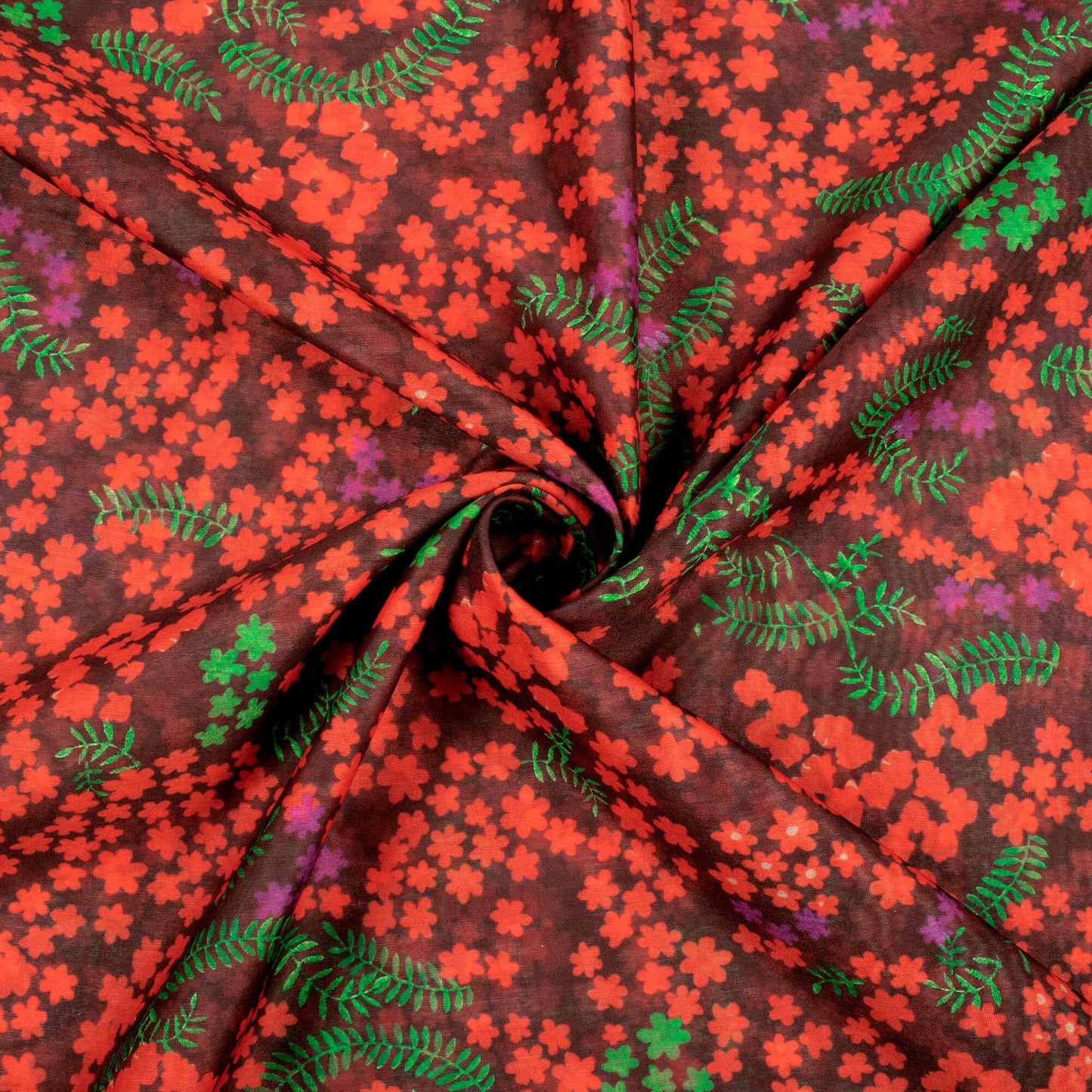 (Cut Piece 2.25 Mtr) Dark Brown And Red Floral Pattern Digital Print Chanderi Fabric