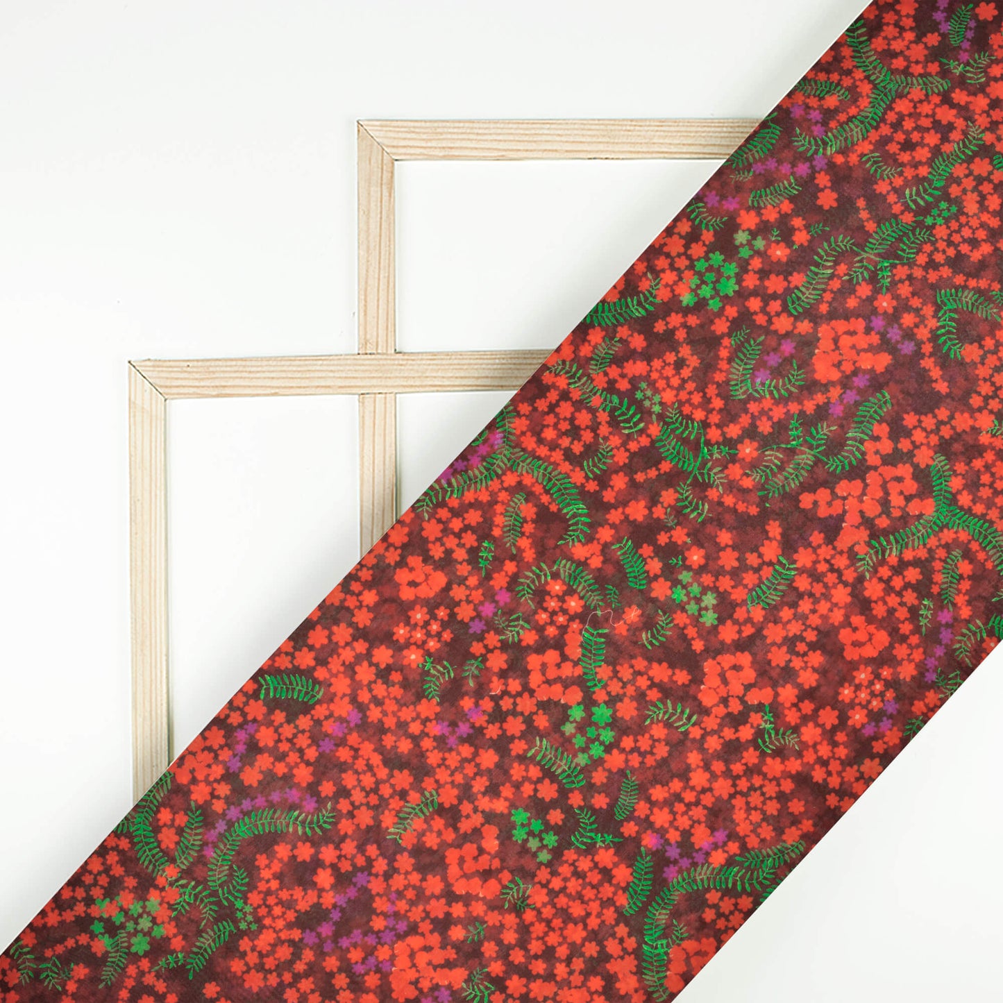 (Cut Piece 2.25 Mtr) Dark Brown And Red Floral Pattern Digital Print Chanderi Fabric
