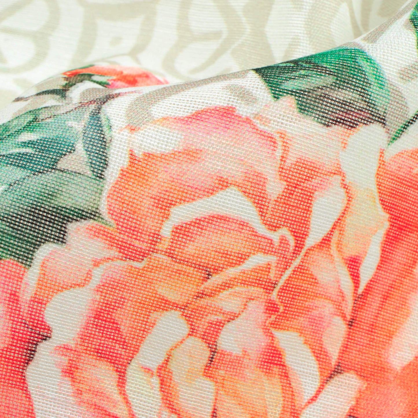(Cut Piece 1 Mtr) Ecru Beige And Peach Floral Pattern Digital Print Chanderi Fabric