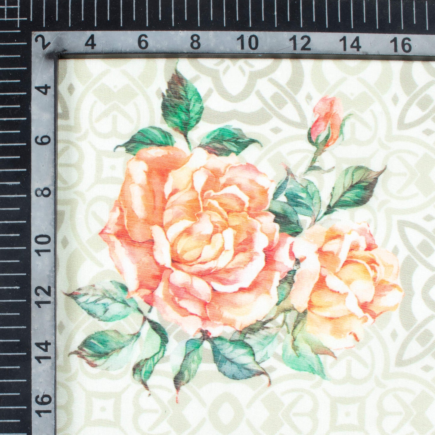 (Cut Piece 1 Mtr) Ecru Beige And Peach Floral Pattern Digital Print Chanderi Fabric