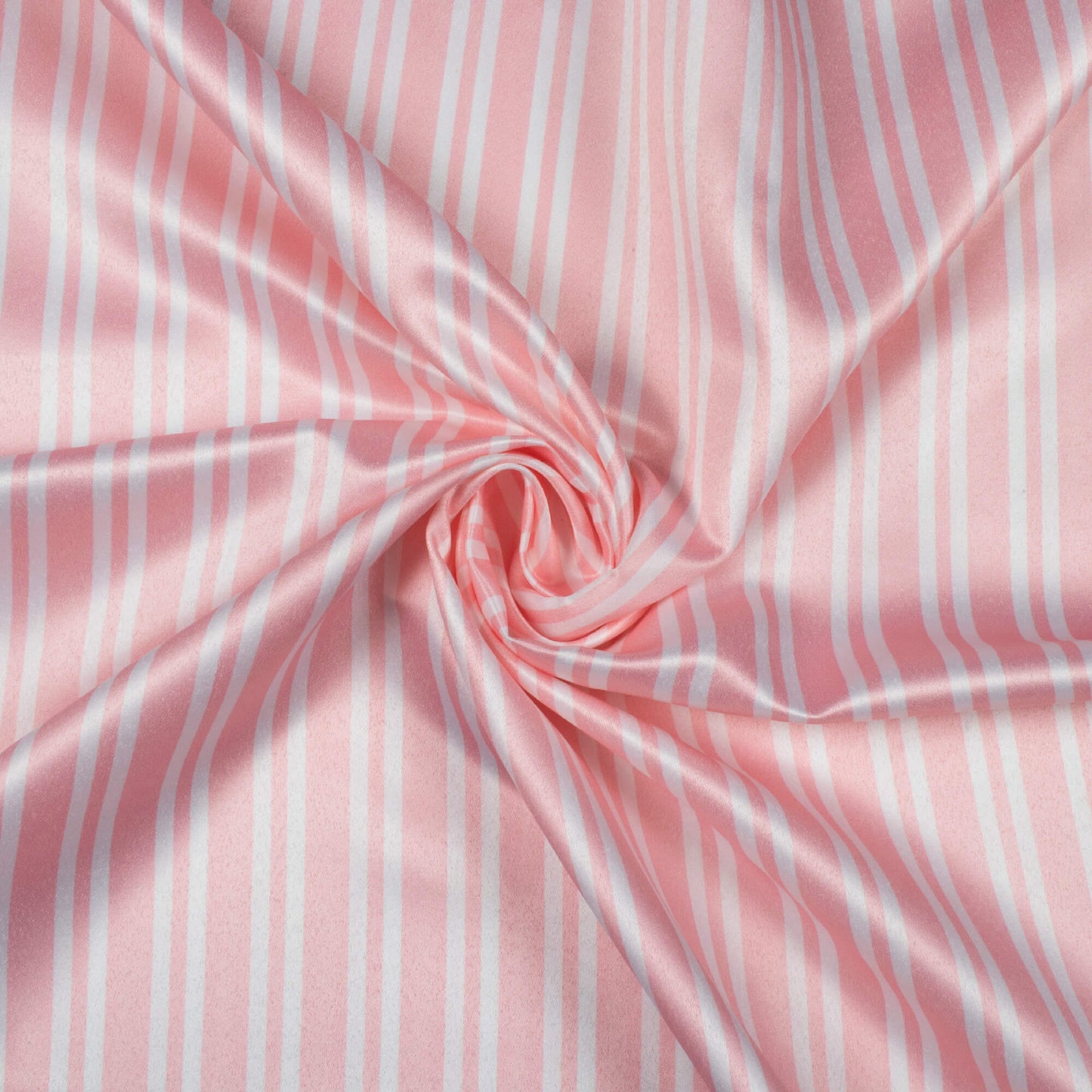 (Cut Piece 2.1 Mtr) Salmon Pink And White Stripes Pattern Digital Print Heavy Satin Fabric (Width 52 Inches)