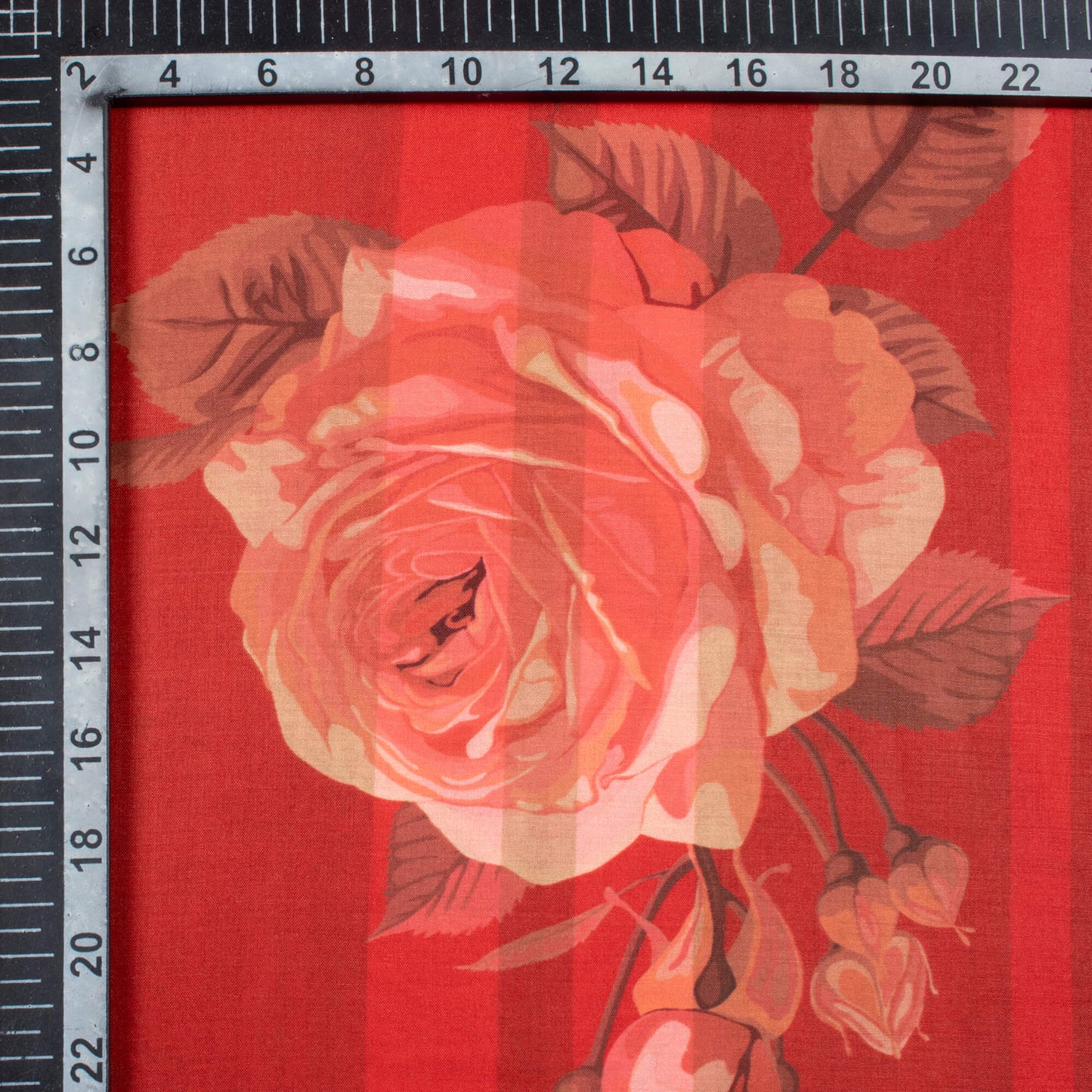 (Cut Piece 1.75 Mtr) Vermilion Red And Peach Floral Pattern Digital Print Poly Muslin Fabric