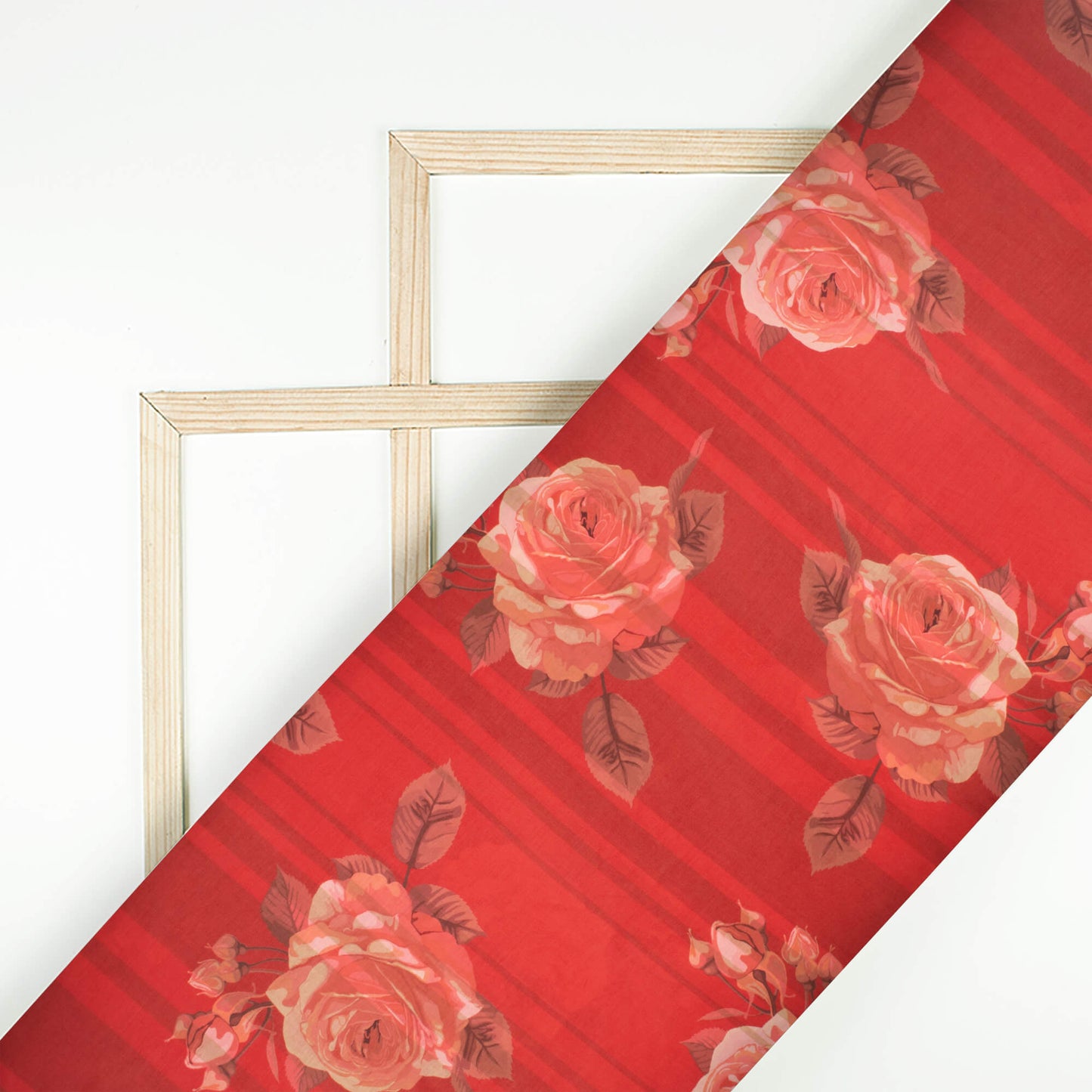 (Cut Piece 1.75 Mtr) Vermilion Red And Peach Floral Pattern Digital Print Poly Muslin Fabric