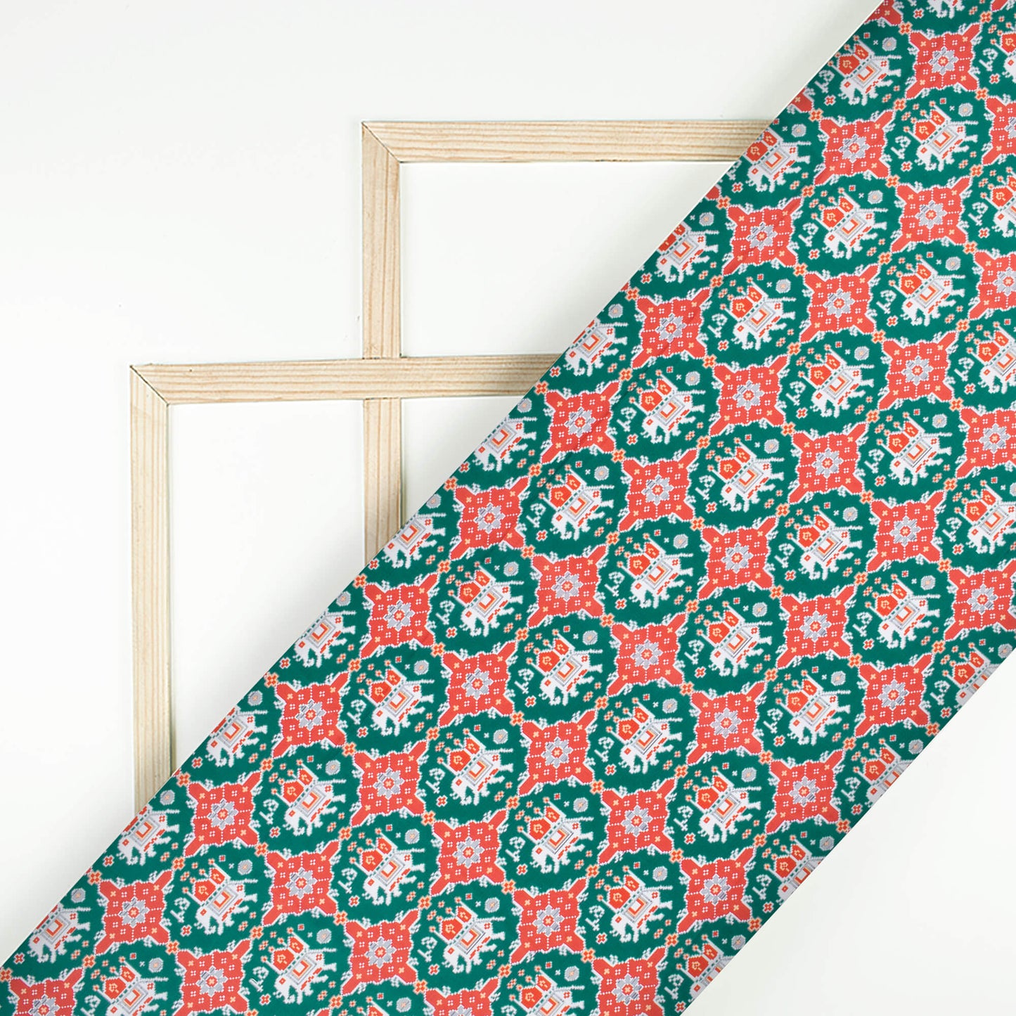 (Cut Piece 1.5 Mtr) Barn Red And Pine Green Patola Pattern Digital Print Poly Muslin Fabric