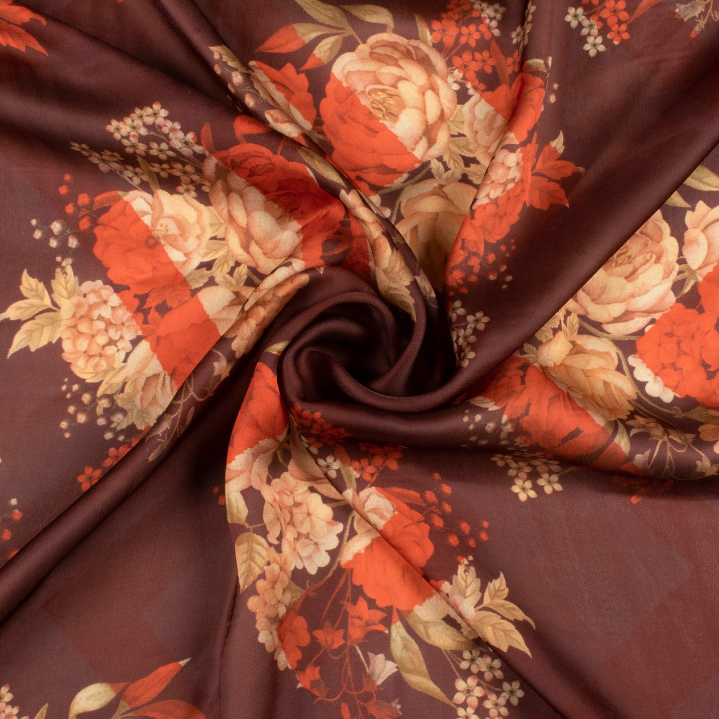 (Cut Piece 1 Mtr) Dark Brown And Red Floral Pattern Digital Print Georgette Satin Fabric