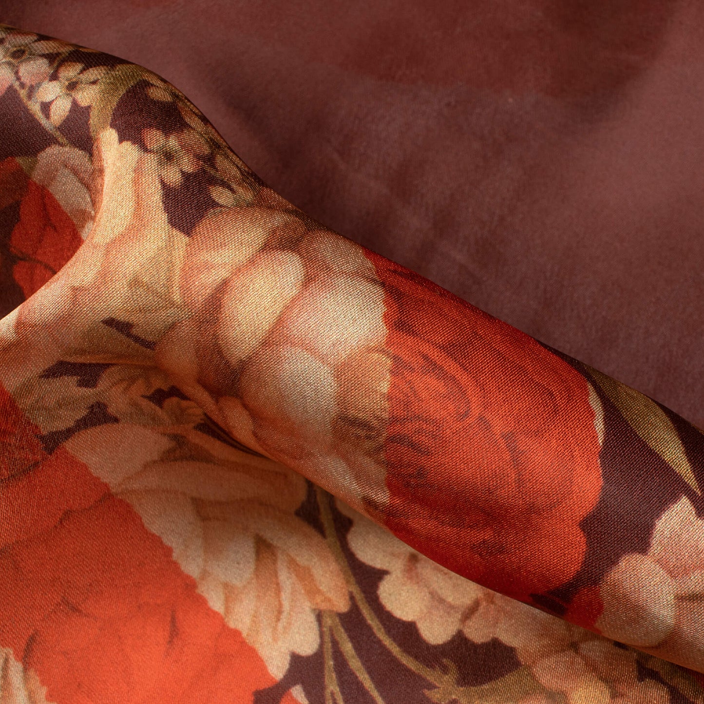 (Cut Piece 1 Mtr) Dark Brown And Red Floral Pattern Digital Print Georgette Satin Fabric
