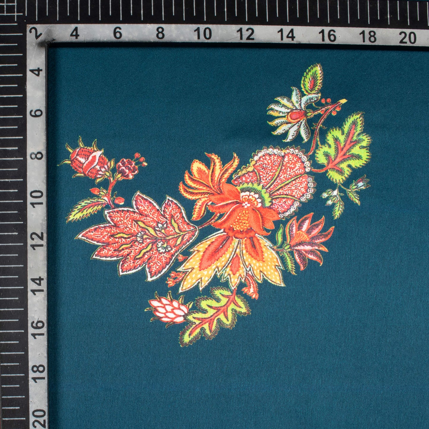 (Cut Piece 1.25 Mtr) Dark Teal Green And Red Floral Pattern Digital Print Georgette Satin Fabric