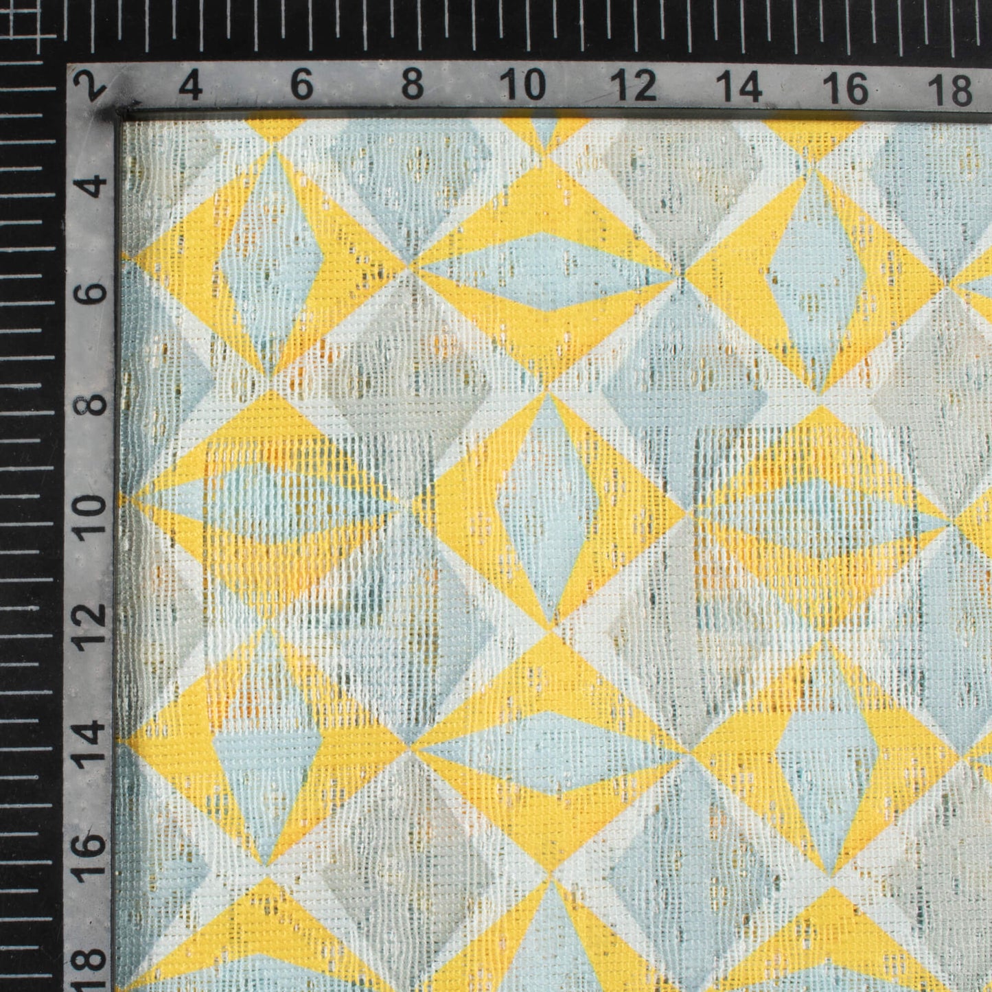 Yellow And Blue Geometric Pattern Digital Print Net Fabric (Width 56 Inches)