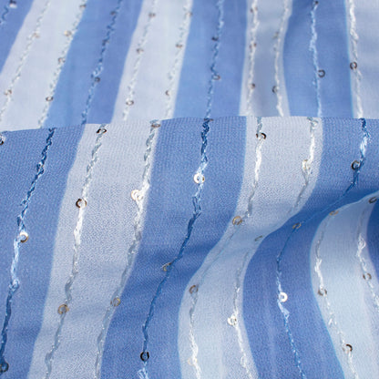 Jordy Blue Stripes Pattern Digital Print Premium Sequins Georgette Fabric
