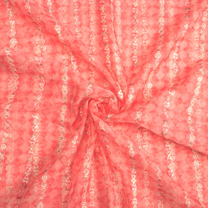 Coral Pink Abstract Pattern Zari Sequins Embroidery Digital Print Organza Fabric
