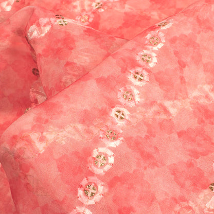 Coral Pink Abstract Pattern Zari Sequins Embroidery Digital Print Organza Fabric