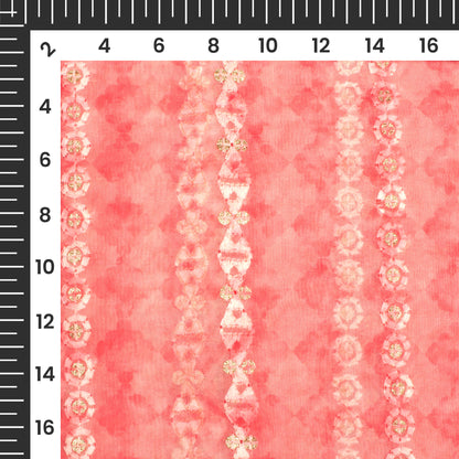 Coral Pink Abstract Pattern Zari Sequins Embroidery Digital Print Organza Fabric