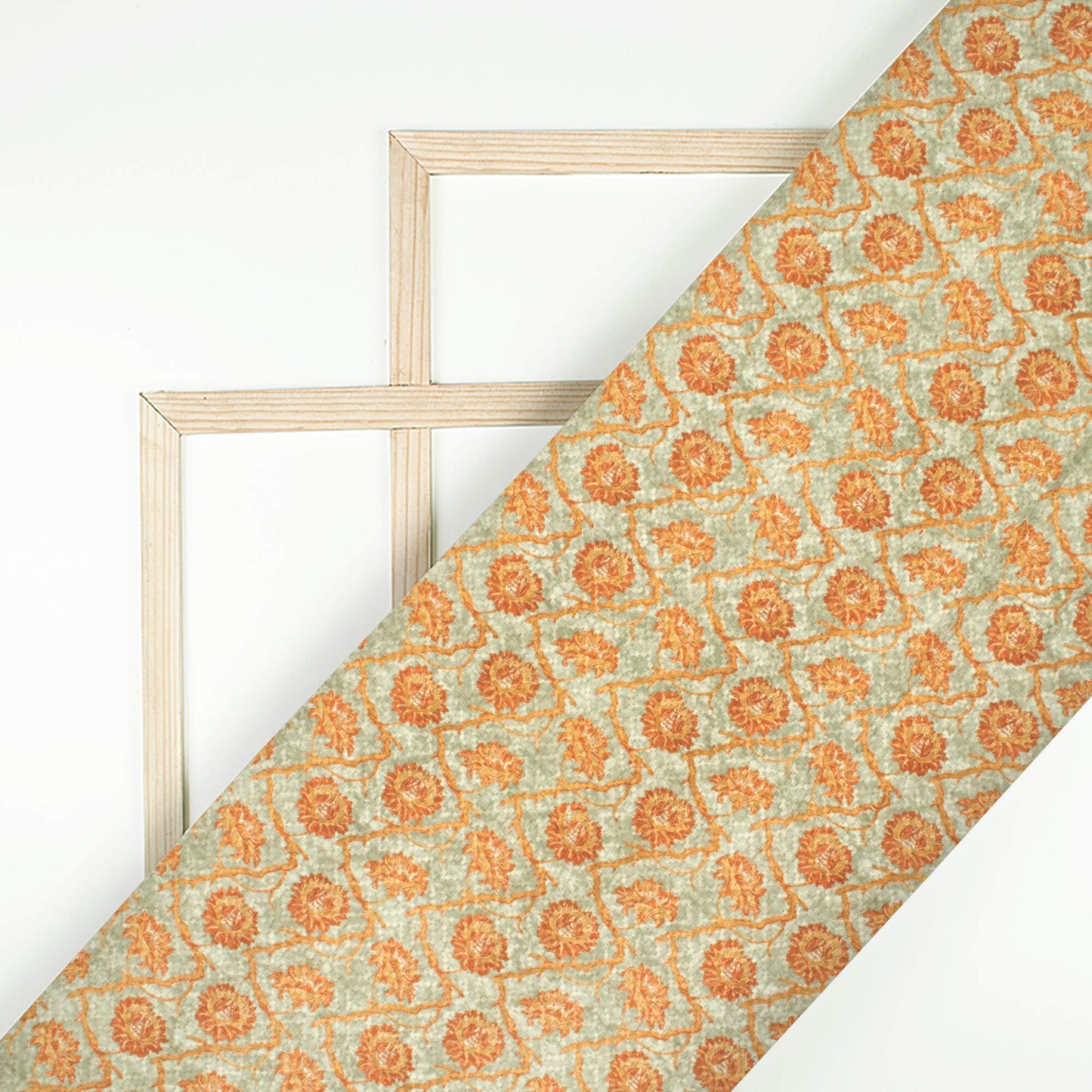 Laurel Green And Cider Orange Floral Pattern Embroidery Digital Print Poly Muslin Fabric (Width 56 Inches)