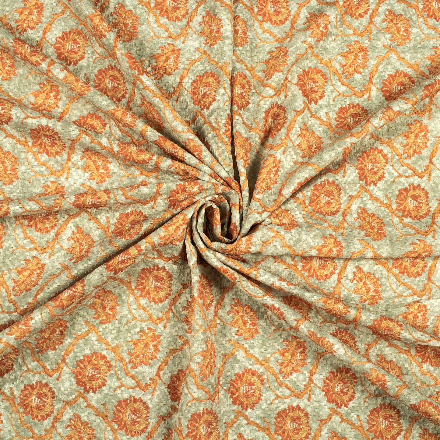 Laurel Green And Cider Orange Floral Pattern Embroidery Digital Print Poly Muslin Fabric (Width 56 Inches)