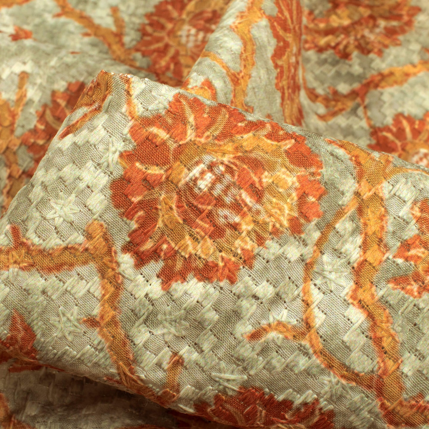 Laurel Green And Cider Orange Floral Pattern Embroidery Digital Print Poly Muslin Fabric (Width 56 Inches)