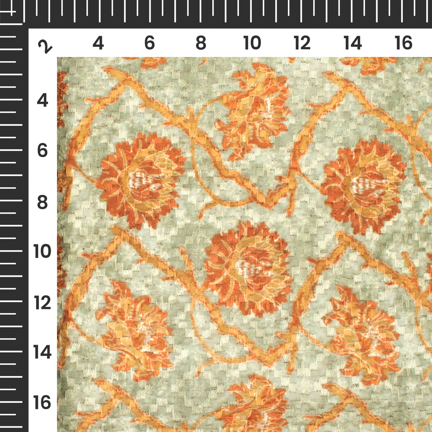 Laurel Green And Cider Orange Floral Pattern Embroidery Digital Print Poly Muslin Fabric (Width 56 Inches)