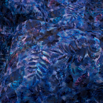 Royal Blue And Purple Floral Pattern Embroidery Digital Print Poly Muslin Fabric (Width 54 Inches)