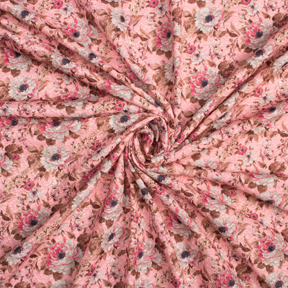 Baby Pink And Off White Floral Pattern Embroidery Digital Print Poly Muslin Fabric (Width 54 Inches)