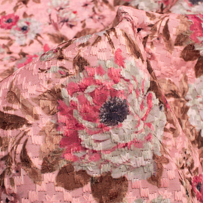 Baby Pink And Off White Floral Pattern Embroidery Digital Print Poly Muslin Fabric (Width 54 Inches)