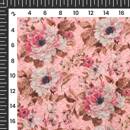 Baby Pink And Off White Floral Pattern Embroidery Digital Print Poly Muslin Fabric (Width 54 Inches)