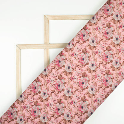Baby Pink And Off White Floral Pattern Embroidery Digital Print Poly Muslin Fabric (Width 54 Inches)