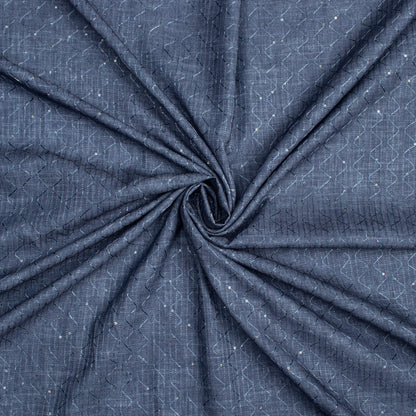 Slate Grey Texture Pattern Sequins Embroidery Digital Print Linen Textured Fabric (Width 52 Inches)
