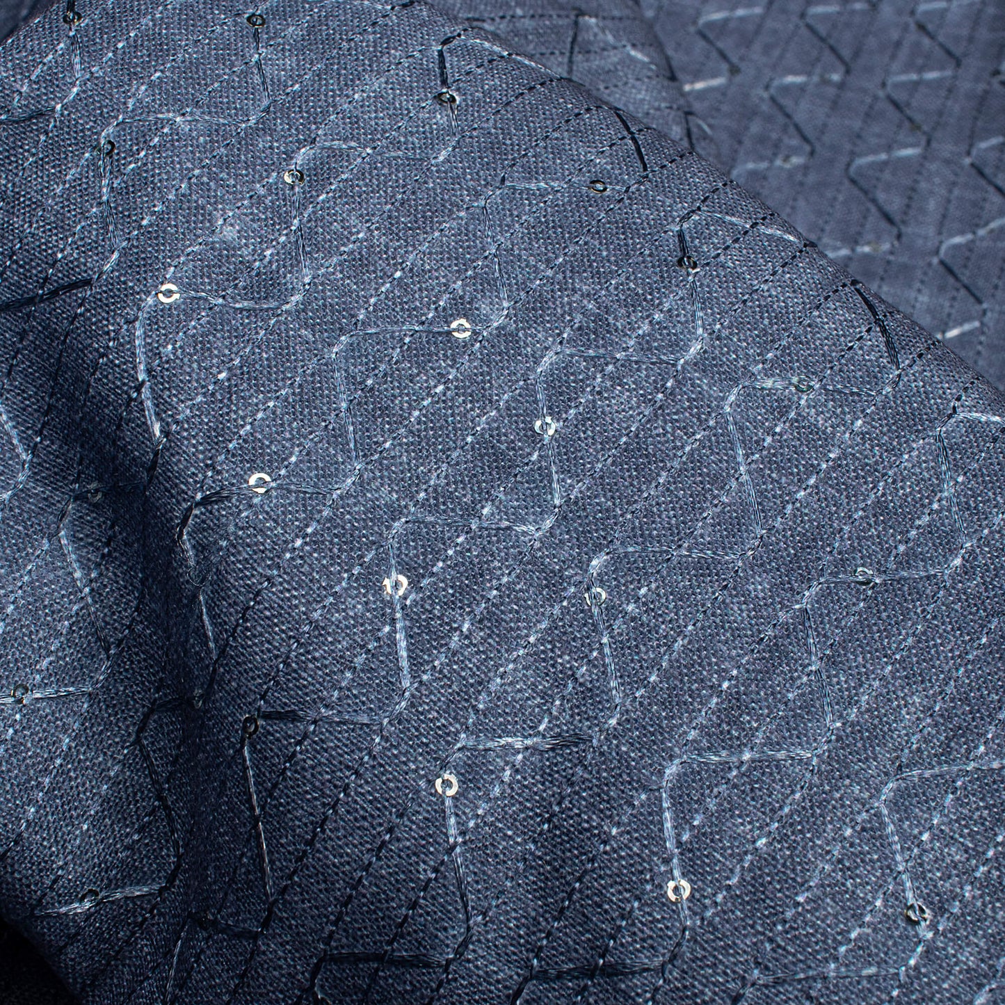Slate Grey Texture Pattern Sequins Embroidery Digital Print Linen Textured Fabric (Width 52 Inches)