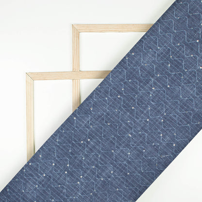 Slate Grey Texture Pattern Sequins Embroidery Digital Print Linen Textured Fabric (Width 52 Inches)