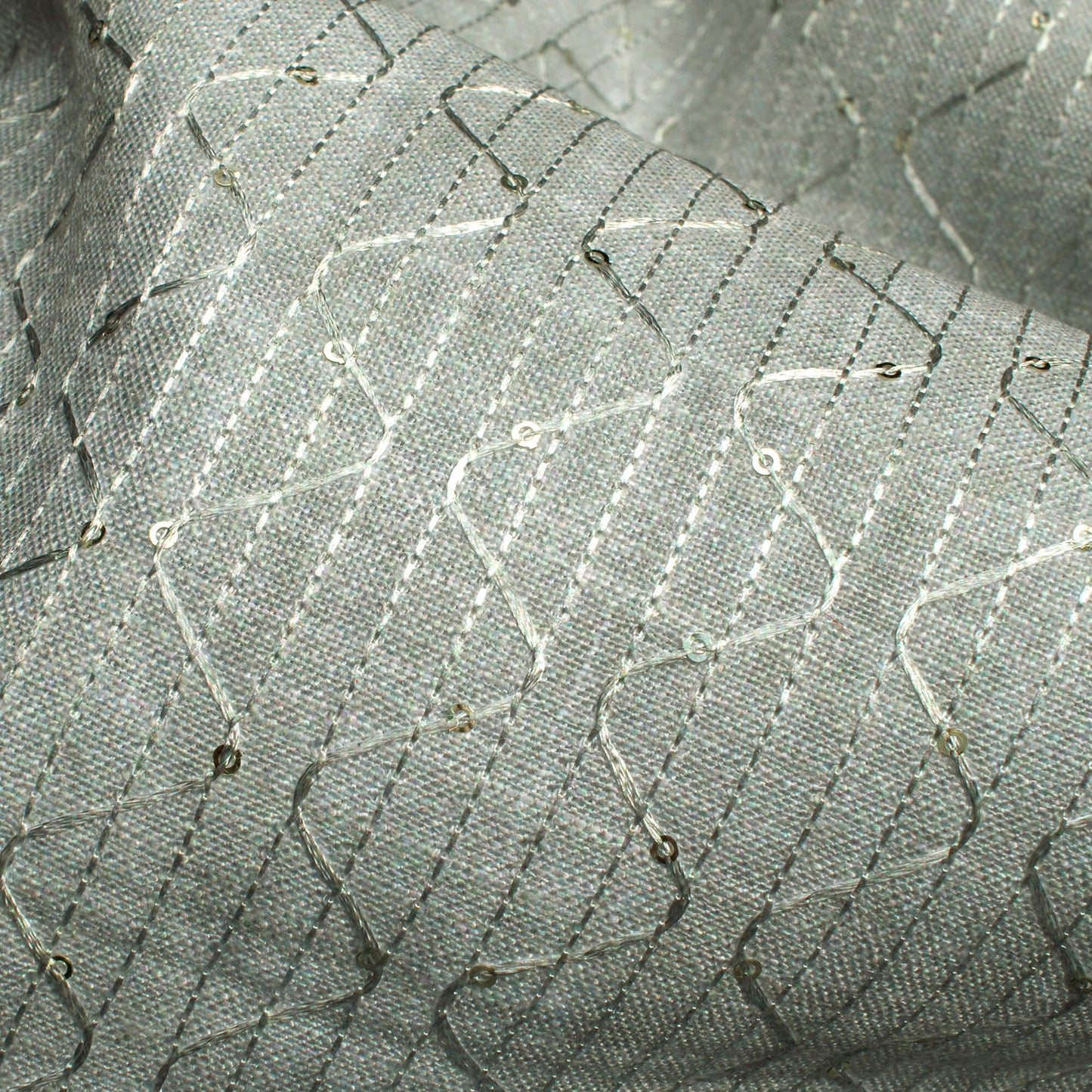 Dolphin Grey Texture Pattern Sequins Embroidery Digital Print Linen Textured Fabric (Width 52 Inches)