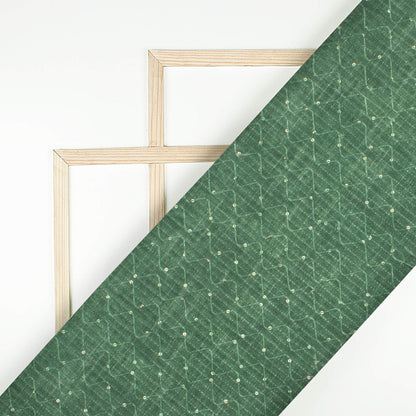 Forest Green Texture Pattern Sequins Embroidery Digital Print Linen Textured Fabric (Width 52 Inches)
