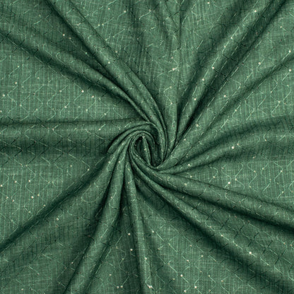 Forest Green Texture Pattern Sequins Embroidery Digital Print Linen Textured Fabric (Width 52 Inches)