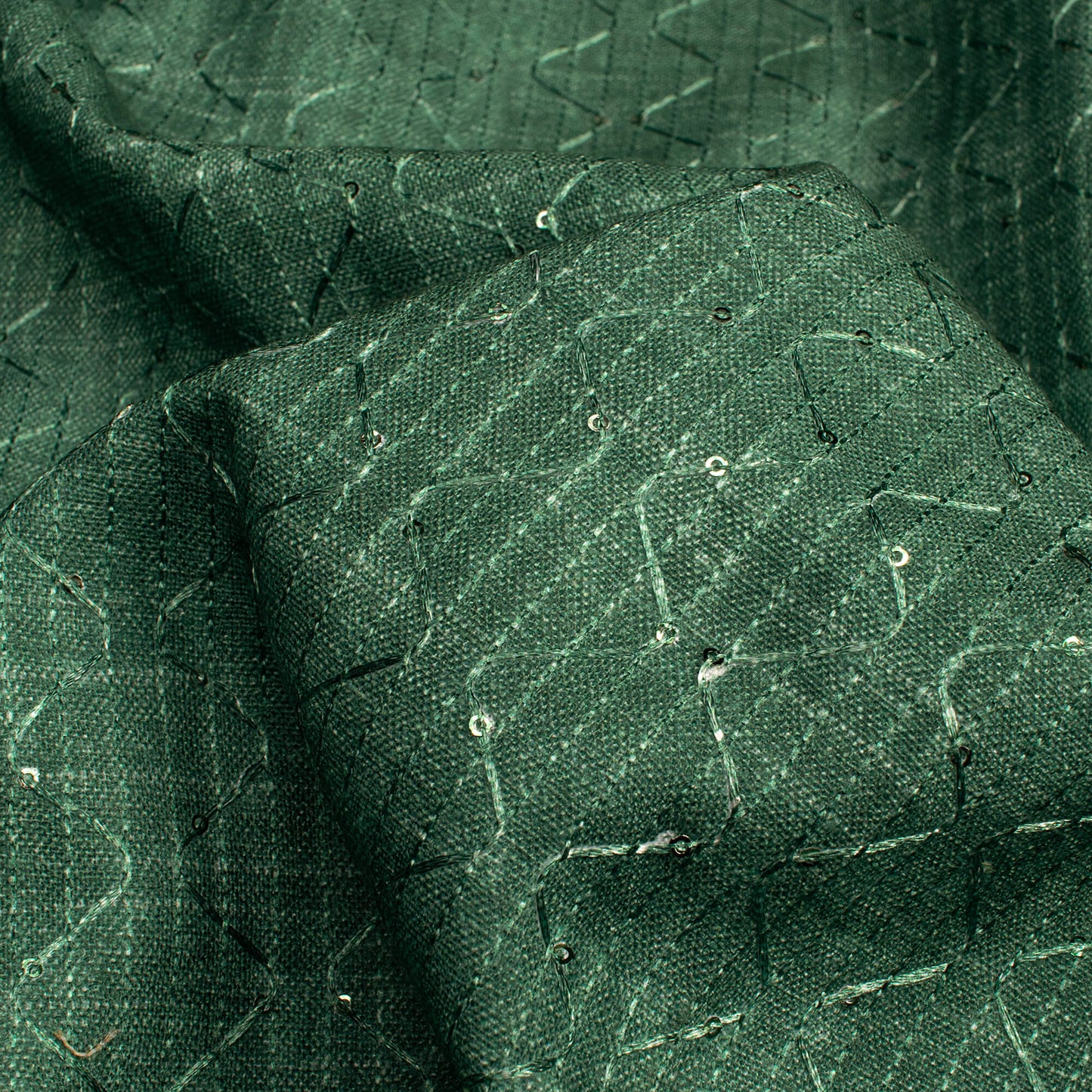 Forest Green Texture Pattern Sequins Embroidery Digital Print Linen Textured Fabric (Width 52 Inches)
