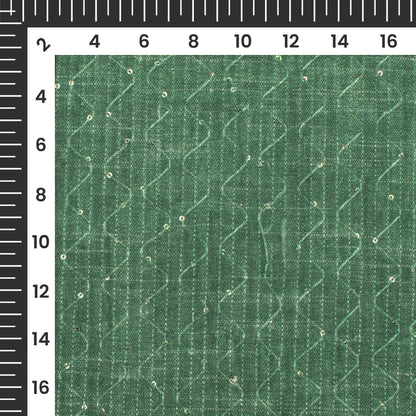 Forest Green Texture Pattern Sequins Embroidery Digital Print Linen Textured Fabric (Width 52 Inches)