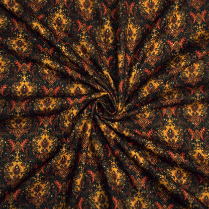 Black And Amber Yellow Ethnic Pattern Sequins Embroidery Digital Print Linen Textured Fabric (Width 52 Inches)