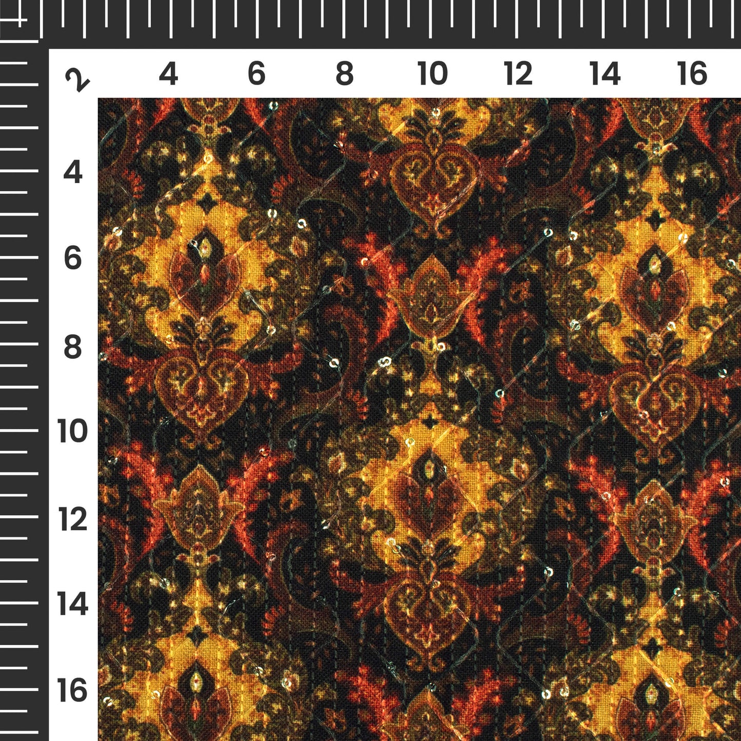 Black And Amber Yellow Ethnic Pattern Sequins Embroidery Digital Print Linen Textured Fabric (Width 52 Inches)