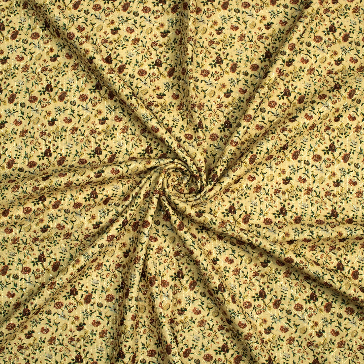 Mellow Yellow And Brown Floral Pattern Sequins Embroidery Digital Print Linen Textured Fabric (Width 52 Inches)