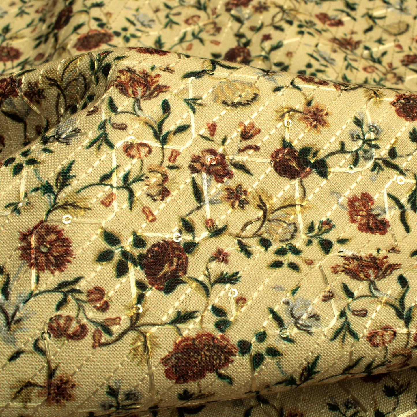 Mellow Yellow And Brown Floral Pattern Sequins Embroidery Digital Print Linen Textured Fabric (Width 52 Inches)