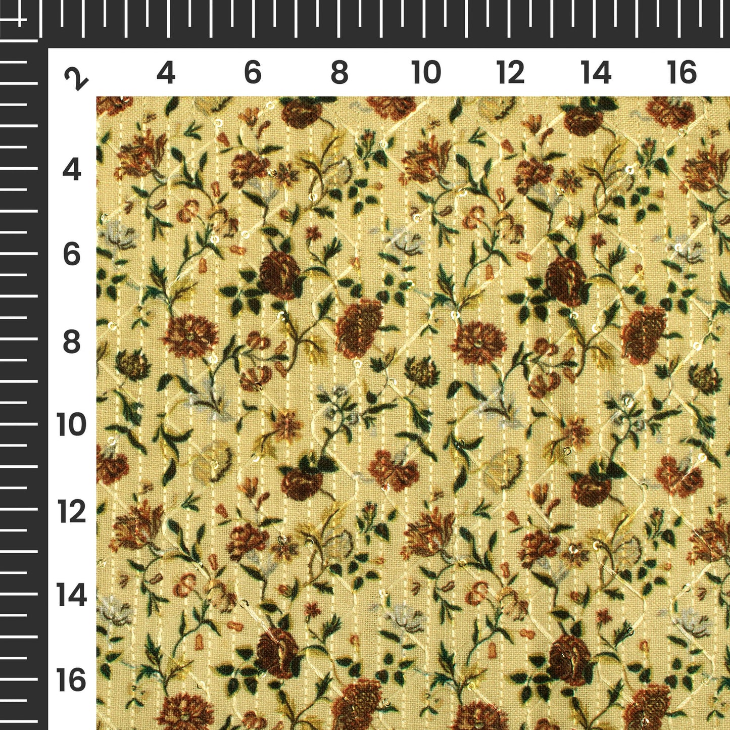 Mellow Yellow And Brown Floral Pattern Sequins Embroidery Digital Print Linen Textured Fabric (Width 52 Inches)