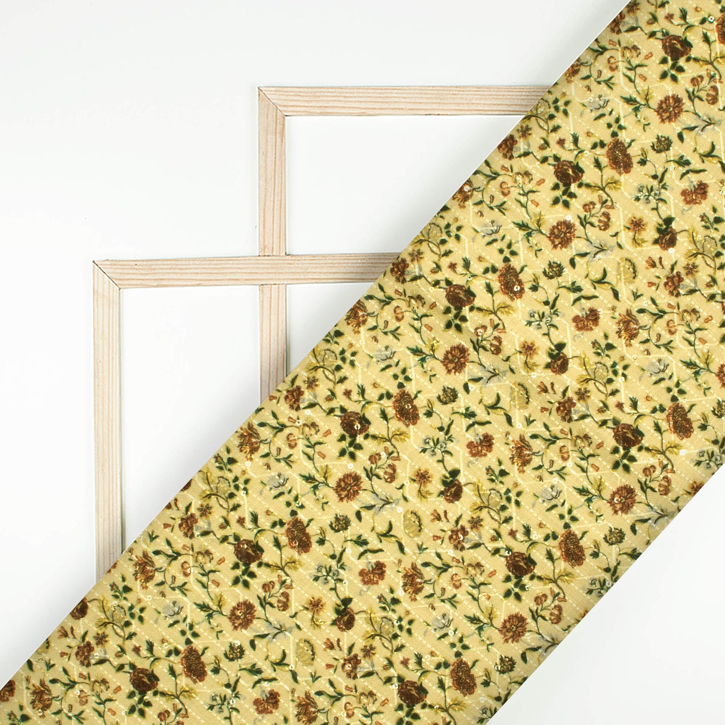 Mellow Yellow And Brown Floral Pattern Sequins Embroidery Digital Print Linen Textured Fabric (Width 52 Inches)