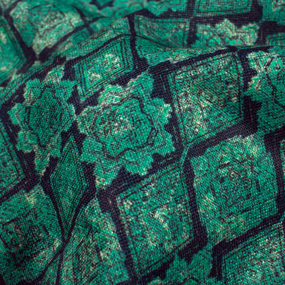 Aqua Green And Navy Blue Abstract Pattern Digital Print Poly Linen Slub Fabric