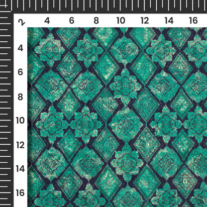 Aqua Green And Navy Blue Abstract Pattern Digital Print Poly Linen Slub Fabric