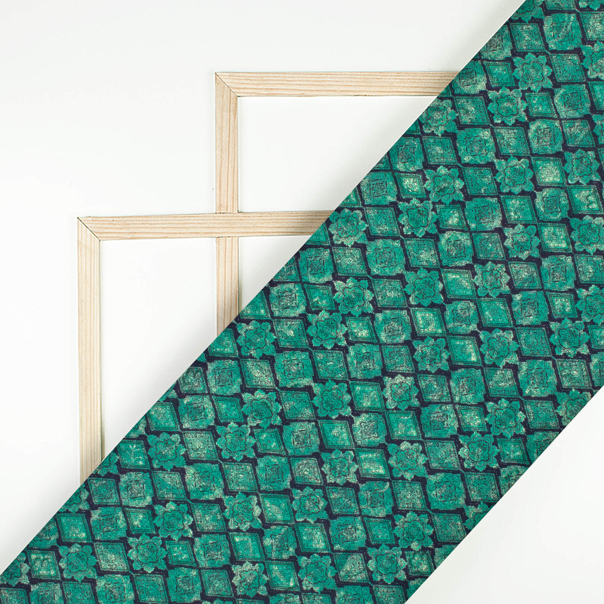 Aqua Green And Navy Blue Abstract Pattern Digital Print Poly Linen Slub Fabric
