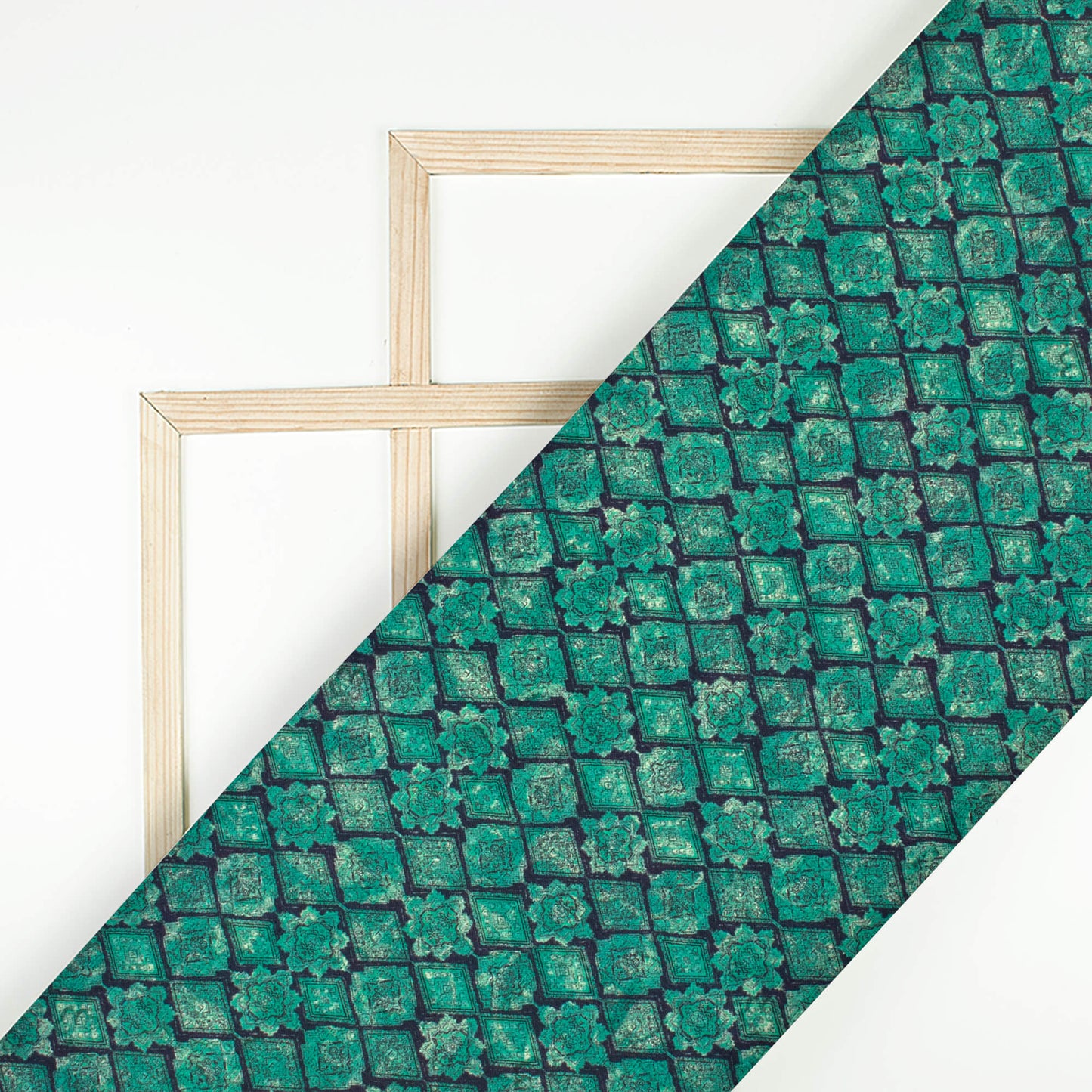 Aqua Green And Navy Blue Abstract Pattern Digital Print Poly Linen Slub Fabric
